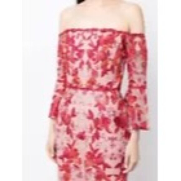 Marchesa Notte Women Red Pink Embroidery Tea Length Dress Off Shoulder Sz 6 2569 - Picture 6 of 16